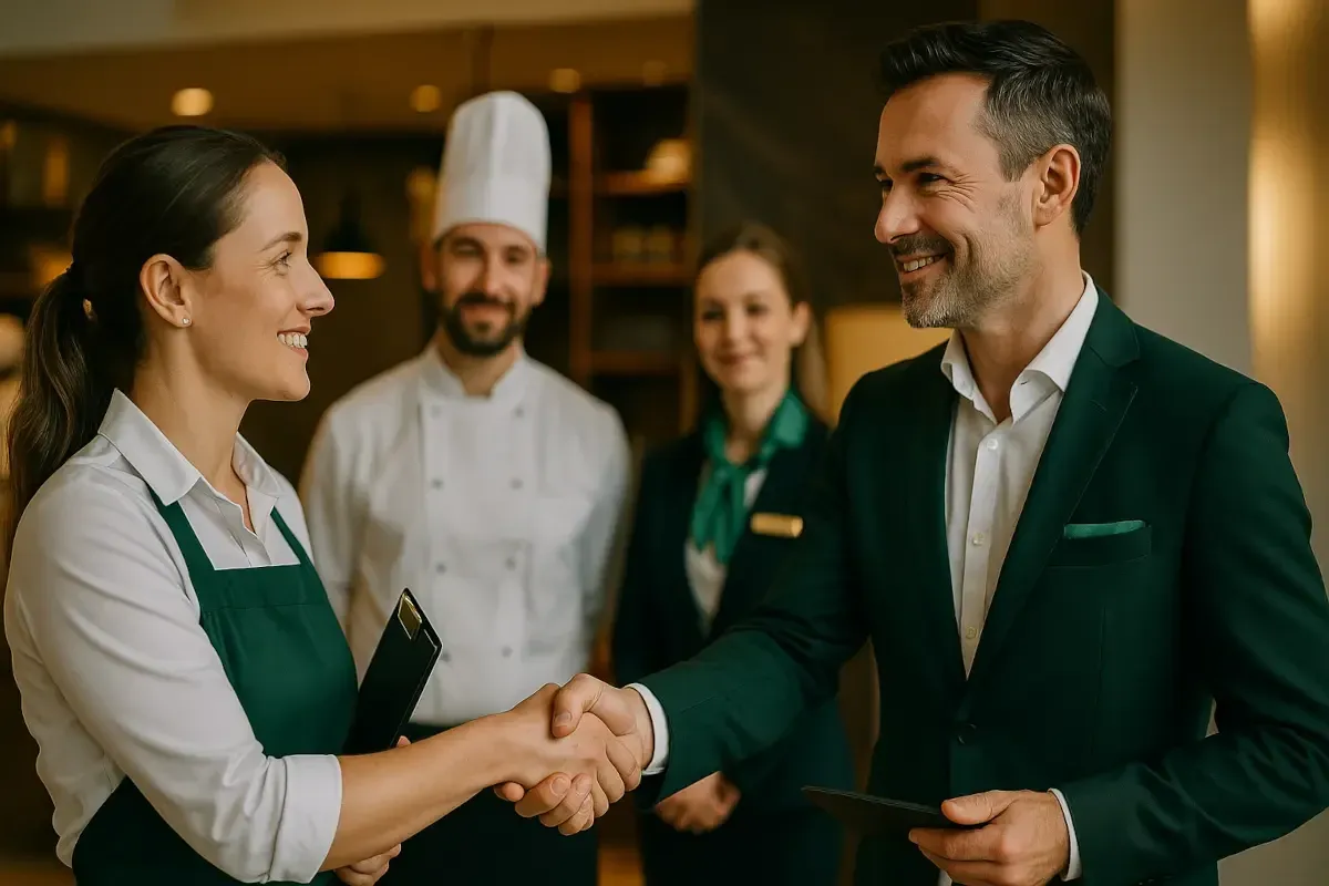 Professionelles Gastronomieteam - Geschäftsführer im Gespräch mit Servicekraft